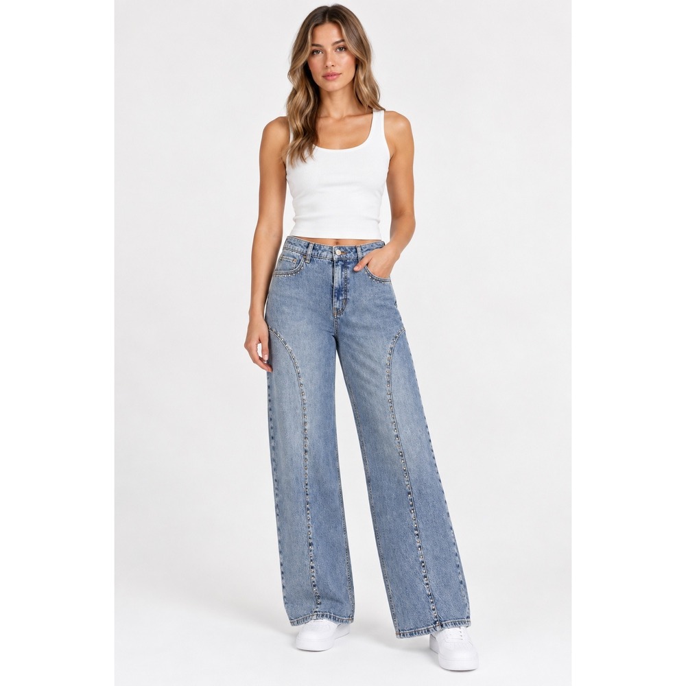 Per Una Studded Wide Leg Jeans Medium Wash High Rise  Estimated US L /10